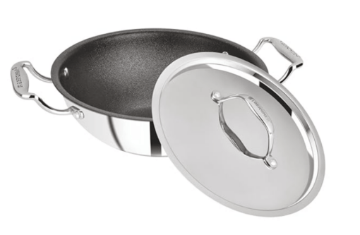 BERGNER Hitech-Peek Triply Stainless Steel Kadai/Indian Wok with Steel Lid, 26 cm, Non Stick Performance Coating, Induction Bottom, Gas Ready, Metal Spatula Friendly